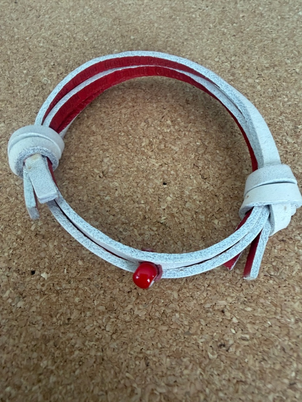 White and Red Double-Wrap Leather Bracelet with Red Accent Bead